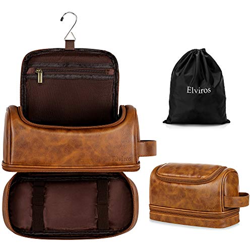 Elviros Bolsa de Aseo de Cuero Resistente al Agua para Hombres, Bolsa de Lavado de Viaje, Kit de Afeitado Dopp para baño, Gimnasio, artículos de tocador y Maquillaje, Marrón, 30.5 x 17 x 18 cm