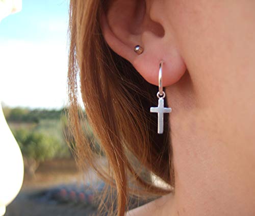 EMPATHY JEWELS - Pendientes Aro de 14 mm con Cruz, hechos en Plata de Ley 925 para hombre y mujer