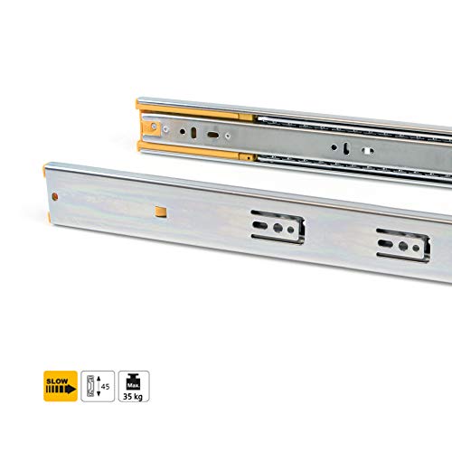 EMUCA - Guías Laterales para cajones con rodamiento de Bolas 45mm x 450mm, Pack de 5 Juegos de guías de extracción Total con Cierre Suave
