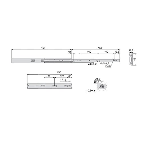 EMUCA - Guías Laterales para cajones con rodamiento de Bolas 45mm x 450mm, Pack de 5 Juegos de guías de extracción Total con Cierre Suave