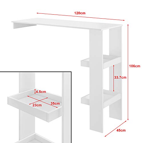 [en.casa] Mesa de Bar Sölvesborg Mesa de Bistro Elegante 120 x 45 x 106 cm Mesa Alta de Cocina con 2 Estantes Integrados Blanco