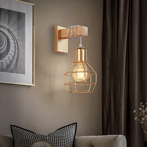 ENCOFT Lámpara de Pared de Interior Jaula, Industrial Aplique de Pared en Metal y Madera, Vintage Luz Iluminación de Pared E27 Base para Sala de Estar Dormitorio Comedor, Latón Sin Bombilla