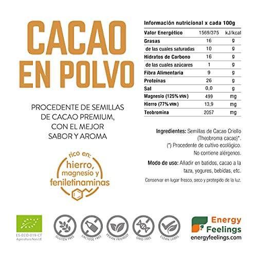 Energy Feelings Cacao Puro En Polvo Ecológico | Cacao Sin Azúcar | Cacao Orgánico Natural | Vegano | Sin Gluten | Sin Lactosa, 1000 Gramo