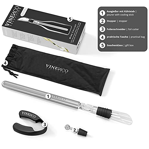 Enfriador de Botellas de Vino Blanco, 3 en 1 Kit: Juego de Refrigeración (Acero) de Calidad + Tapón–Decantador + Aireador | Accesorios Bar, Idea Regalo Mujer Hombre Cumpleaños Fiesta Amigo Barman