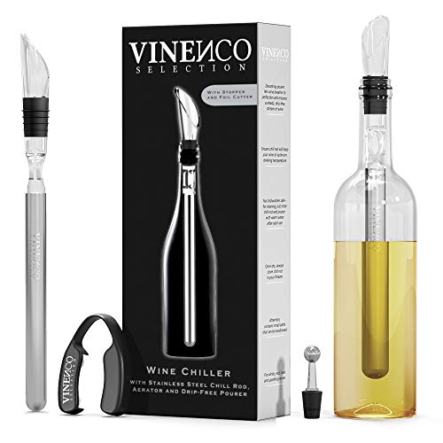 Enfriador de Botellas de Vino Blanco, 3 en 1 Kit: Juego de Refrigeración (Acero) de Calidad + Tapón–Decantador + Aireador | Accesorios Bar, Idea Regalo Mujer Hombre Cumpleaños Fiesta Amigo Barman