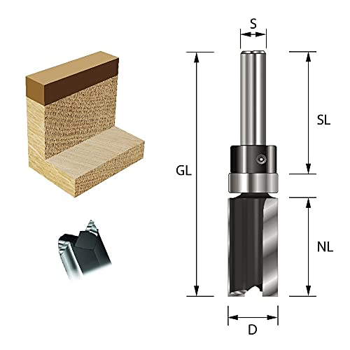 ENT 11654 Fresa de corte recto, Mango (S) 8 mm, Diámetro (D) 16 mm, NL 19 mm, SL 32 mm, GL total de 56 mm, con rodamiento de bola