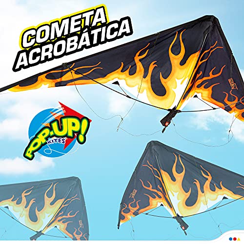 Eolo - Cometa acrobática, Cometas para niños, 163x67cm, con 2 asa rectangulares, Pop Up, diseño de flamas,, con bolsa de transporte, + 10 años, CB Toys (42734)