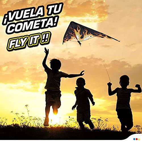 Eolo - Cometa acrobática, Cometas para niños, 163x67cm, con 2 asa rectangulares, Pop Up, diseño de flamas,, con bolsa de transporte, + 10 años, CB Toys (42734)