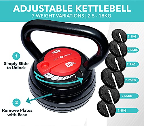 Equipo de Entrenamiento con Pesas RPM, Ideal para Entrenamientos en casa, Entrenamiento de Fuerza, construcción Muscular para Hombres y Mujeres. (18kg, Kettlebell Ajustable)