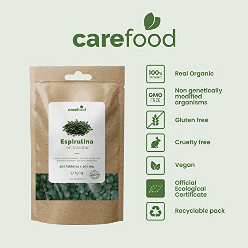 Espirulina Premium Carefood ecológica | 300 comprimidos de 500mg con 100% BIO Spirulina Natural | Certificación Ecológica | Hierro - Minerales | DETOX - Vegano - Proteína Vegetal