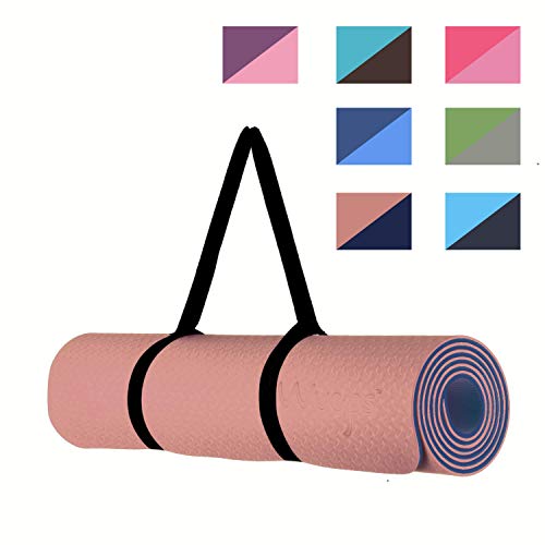 esterilla deporte, esterilla yoga Wueps, incluye correa de hombro y bolsa de transporte, ideal para realizar deporte en casa, yoga mat, esterilla yoga antideslizante, (Color Rosa Goma y Azul Oscuro)