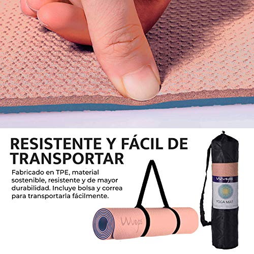 esterilla deporte, esterilla yoga Wueps, incluye correa de hombro y bolsa de transporte, ideal para realizar deporte en casa, yoga mat, esterilla yoga antideslizante, (Color Rosa Goma y Azul Oscuro)