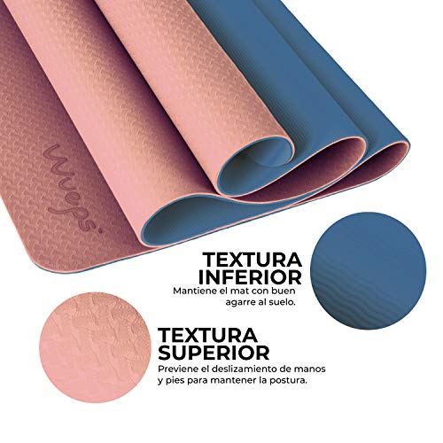 esterilla deporte, esterilla yoga Wueps, incluye correa de hombro y bolsa de transporte, ideal para realizar deporte en casa, yoga mat, esterilla yoga antideslizante, (Color Rosa Goma y Azul Oscuro)