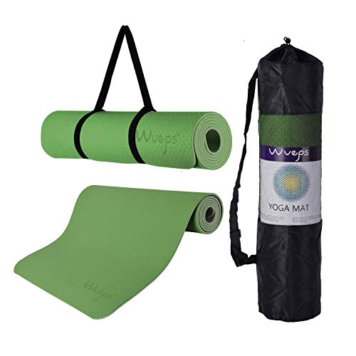 esterilla deporte, esterilla yoga Wueps, incluye correa de hombro y bolsa de transporte, ideal para realizar deporte en casa, yoga mat, esterilla yoga antideslizante, (Color Verde Pasto y Gris Claro)