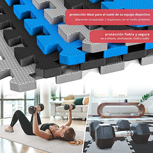 Esterilla Puzzle para Suelos de Gimnasio y Fitness | Set de Protección de Goma Espuma, Alfombrilla Protectora Expandible de 18 Losas + Bordes | Colchonetas para Máquinas de Deporte, Fácil de Limpia