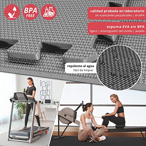 Esterilla Puzzle para Suelos de Gimnasio y Fitness | Set de Protección de Goma Espuma, Alfombrilla Protectora Expandible de 18 Losas + Bordes | Colchonetas para Máquinas de Deporte, Fácil de Limpia