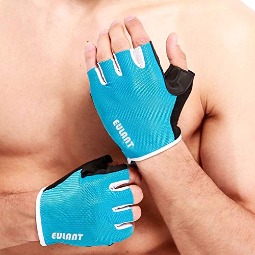 EULANT Guantes de Fitness Respirable, Guantes Gimnasio Pesas, Guantes de Medio Dedo para Mujer y Hombre,Resistente a La Abrasion, Bicicleta Musculacion Entrenar,Azul S