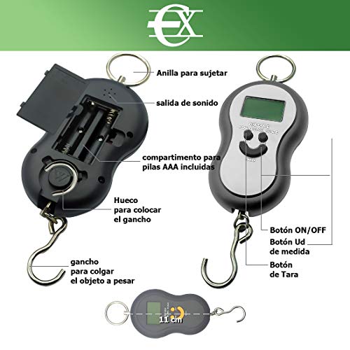 EUROXANTY® Báscula digital de viaje | Báscula portátil | Báscula de equipaje | Peso máximo 50 kg | Pilas AAA incluidas | Báscula con luz azul | Báscula con gancho | COLOR NEGRA