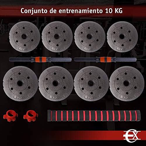 EUROXANTY Juego de Mancuernas y Barra 2 en 1 | Mancuernas con Discos | Múltiples Entrenamientos | Discos PVC Resistente | Barra 40 cm (10 kg)