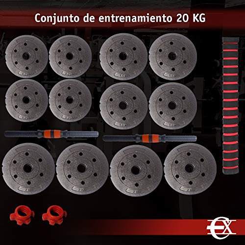 EUROXANTY Juego de Mancuernas y Barra 2 en 1 | Mancuernas con Discos | Múltiples Entrenamientos | Discos PVC Resistente | Barra 40 cm (20 kg)