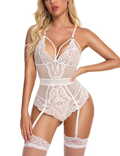 EVELIFE Mujer Lencería Sexy Teddy Body Encaje Conjunto de Lencería Transparente Cuello V Ropa de Dormir(Blanco XL)