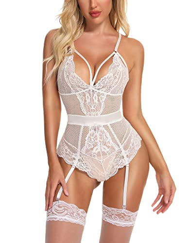 EVELIFE Mujer Lencería Sexy Teddy Body Encaje Conjunto de Lencería Transparente Cuello V Ropa de Dormir(Blanco XL)