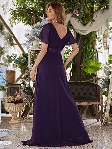 Ever-Pretty A-línea Vestido de Noche Cuello en V Manga Corta Gasa Corte Imperio para Mujer Morado Oscuro 36