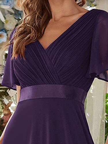 Ever-Pretty A-línea Vestido de Noche Cuello en V Manga Corta Gasa Corte Imperio para Mujer Morado Oscuro 36