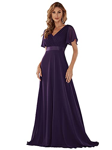 Ever-Pretty A-línea Vestido de Noche Cuello en V Manga Corta Gasa Corte Imperio para Mujer Morado Oscuro 36