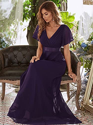 Ever-Pretty A-línea Vestido de Noche Cuello en V Manga Corta Gasa Corte Imperio para Mujer Morado Oscuro 36