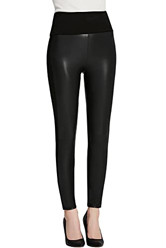 Everbellus Cintura Alta Leggins Cuero para Mujeres Sexy Negro Skinny Pantalon XL