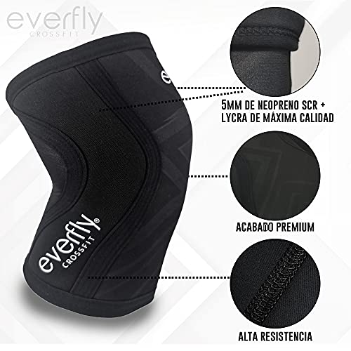 EVERFLY Rodilleras Crossfit 5mm - 1 Par - Menisco y Ligamentos - Neopreno SCR Negras - Deportiva Musculación Gimnasio Calistenia - Hombre Mujer - Halterofilia Fitness - Levantamiento Pesas - Knee (L)