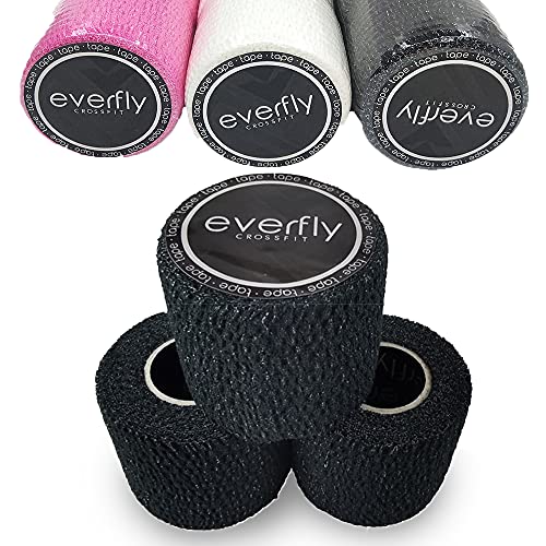 EVERFLY Tape Crossfit - Set 3 Rollos 5cm x 4,5m - Esparadrapo Deportivo - Hook Grip Pulgares y Dedos - Cinta Flexible Protectora - Agarre Adhesivo para Pesas - Entrenamiento - Halterofilia (Negro)