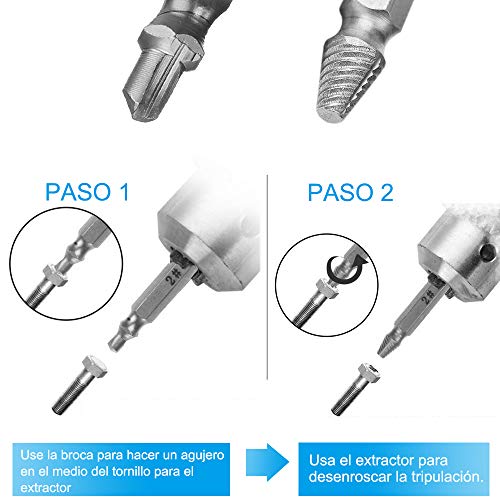 Extractor de Tornillos, [6 pcs] Diyife Extractor de Tornillos Rotos,uego de 6 Extractores de Tornillos Removedor de Pernos Hecho de Acero HSS 4341# Extracción para Quitar Tornillos Rotos Despojados