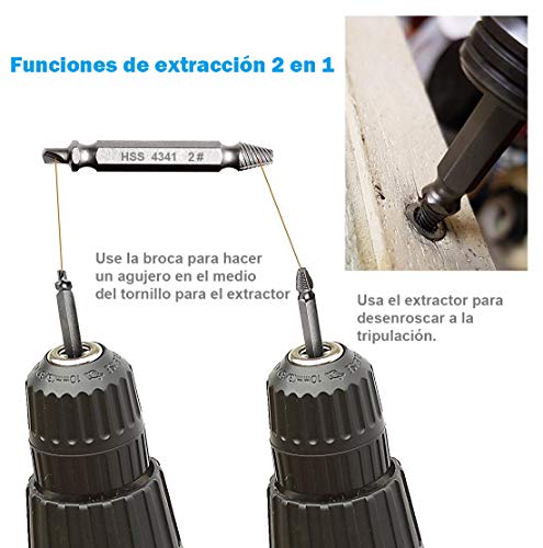 Extractor de Tornillos, [6 pcs] Diyife Extractor de Tornillos Rotos,uego de 6 Extractores de Tornillos Removedor de Pernos Hecho de Acero HSS 4341# Extracción para Quitar Tornillos Rotos Despojados