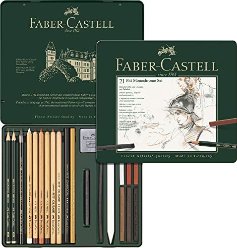 Faber-Castell 112976 - Estuche de metal con 21 piezas, surtido de carbonos, grafitos, ecolápices y tizas