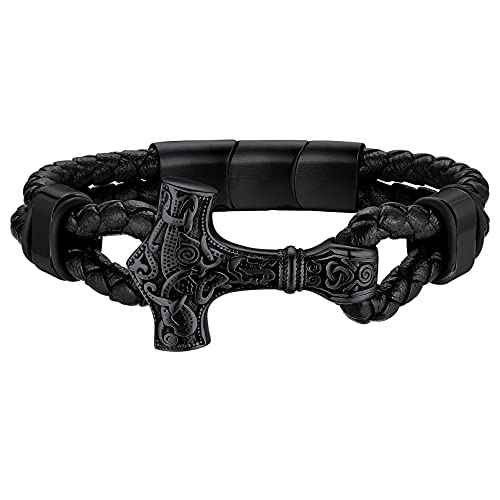 FaithHeart Pulsera de cordón para Hombre con abalorio Vikingo, Martillo de Thor/Tete de Muerto Crane/Franco, Maconsor, Joya gótica Biker,