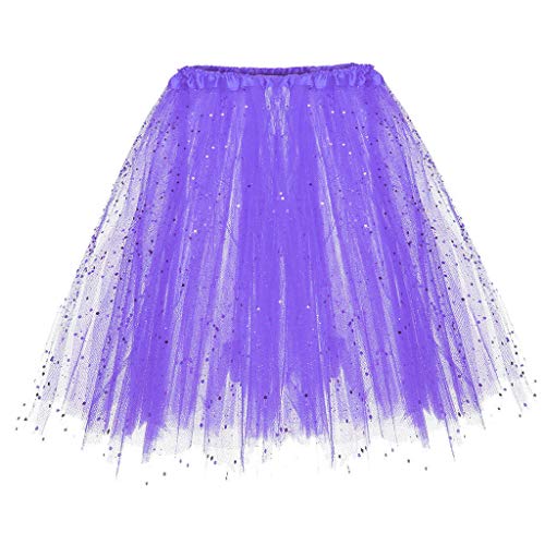 Falda de Tutu Mujer,SHOBDW Pettiskirt Regalo de cumpleaños Sólido Paillette Elástico 3 Capas Fluffy Mini Falda Corta Adulto Rendimiento Traje Baile Falda (Talla única, Morado 3)