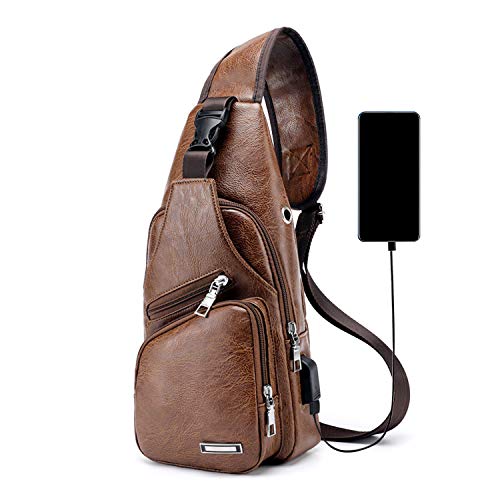 FANDARE Hombre Bolso Pecho, Impermeable Bandoleras Cruzada, Gimnasio Hiking Gym Bag Ciclismo Bolso de Carga USB, Senderismo Bolso Bandolera Impermeable PU Marrón