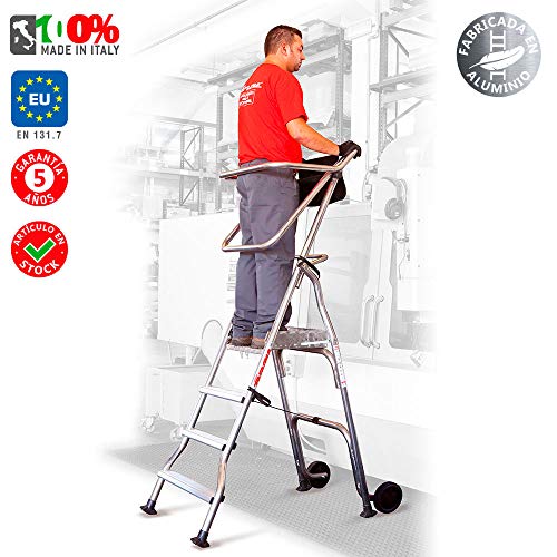 Faraone - Escalera con Plataforma PL5 - 254x72x37cm - Escalera 5 Peldaños - Escalera Plegable de Aluminio - Uso Profesional - Fácil de Transportar - Uso en Industrias y Grandes Superficies