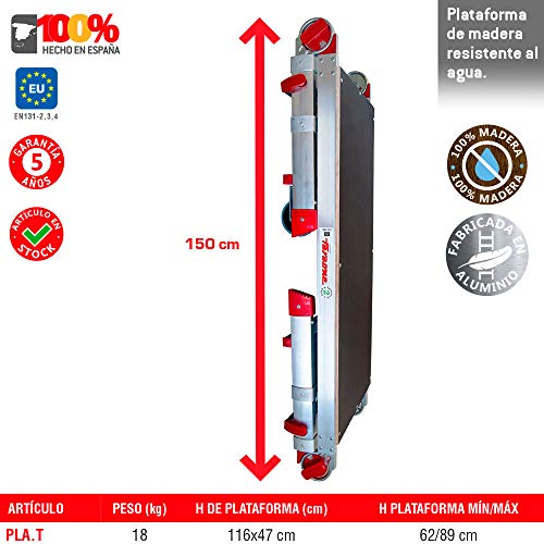 Faraone - Plataforma de Trabajo PLA.T - Plataforma Plegable - 147x53x19cm - Regulable en Altura - Plataforma con Ruedas - Amplio Plano de Trabajo - para Uso Profesional - Ligera y Robusta