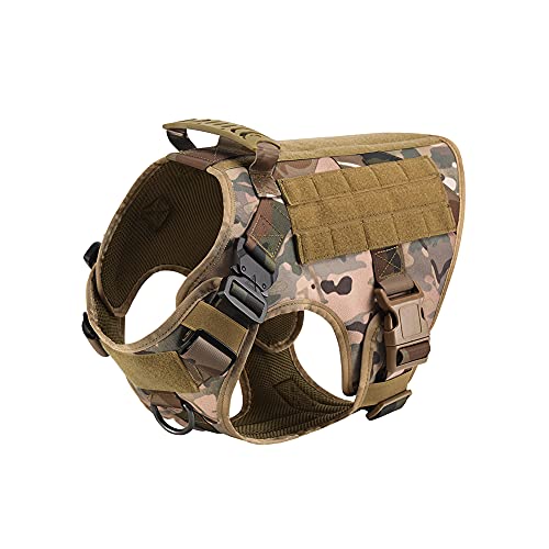 FEimaX Arnés Perro Grande Mediano Militar Chaleco de Entrenamiento Ajustable para Perros con Anillo de aleación anti-tirón y Sistema Molle Chaleco de Trabajo de Perro para Caminar Cazar (Camuflaje, L)