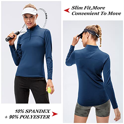 FEOYA Camisetas Deportivas Mangas Largas Mujer de Polar Camiseta Térmica de Cuello Alto Chaqueta Deportiva para Ejercicio Jogging Azul S