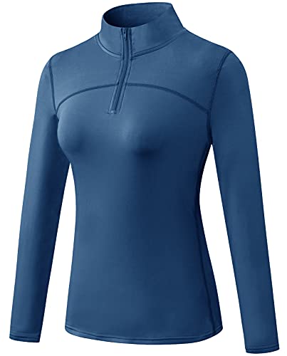 FEOYA Camisetas Deportivas Mangas Largas Mujer de Polar Camiseta Térmica de Cuello Alto Chaqueta Deportiva para Ejercicio Jogging Azul S