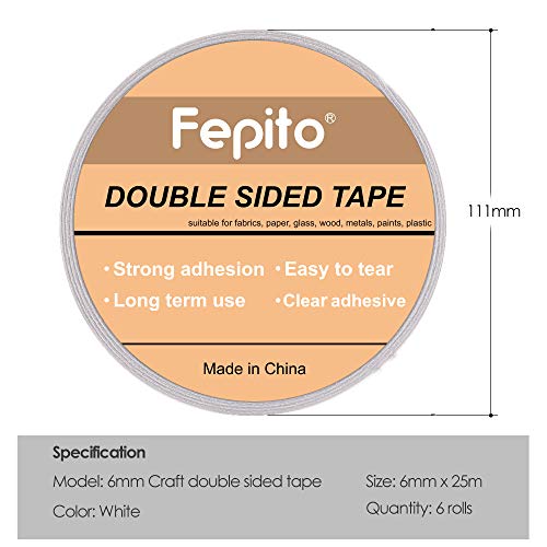 FEPITO 6 Rollos Cinta adhesiva de doble cara Cinta autoadhesiva para costura, manualidades, trabajo manual, 6 mm x 25 metros cada rollo