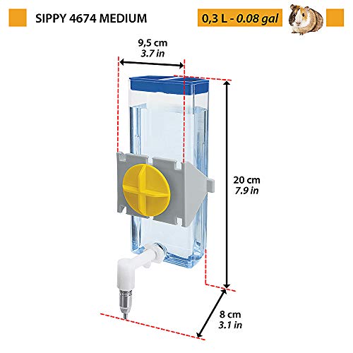 Feplast FBA_84674070 Bebedero para Conejillos de Indias y Ratones Sippy 4674 Medium, Capacidad 300 CC, Sistema de sujeción para Alambre o Superficies Lisas, 9,5 x 8 x h 20 cm - 0,3 L