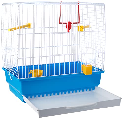 Ferplast Jaula Rectangular para pequeños pájaros exóticos y Canarios Rekord 2 con Accesorios y comederos giratorios, Alambre Pintado Blanco y cubeta de plástico Azul Celeste, 39 x 25 x h 41 cm