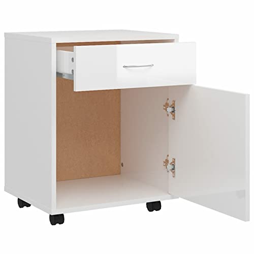 Festnjght Cajonera para Oficina con 4 Ruedas 2 Frenos Cajón Cerradura Estante Abierto y Armario Estudio Habitación 45x38x54 cm Máximo 30kg Blanco con Brillo