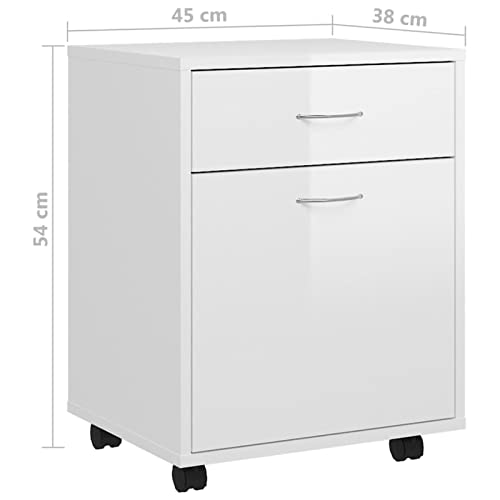 Festnjght Cajonera para Oficina con 4 Ruedas 2 Frenos Cajón Cerradura Estante Abierto y Armario Estudio Habitación 45x38x54 cm Máximo 30kg Blanco con Brillo