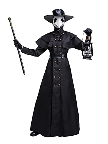 Feynman Disfraz medieval steampunk de médico de la peste negra para hombre, disfraz de médico para Halloween con juego de accesorios, color negro, talla L